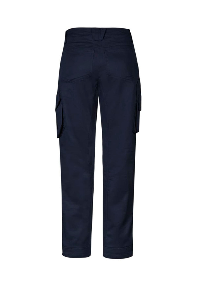 Navy cargo pants with a rugged design and stretch fabric, featuring side pockets and a logo on the back.