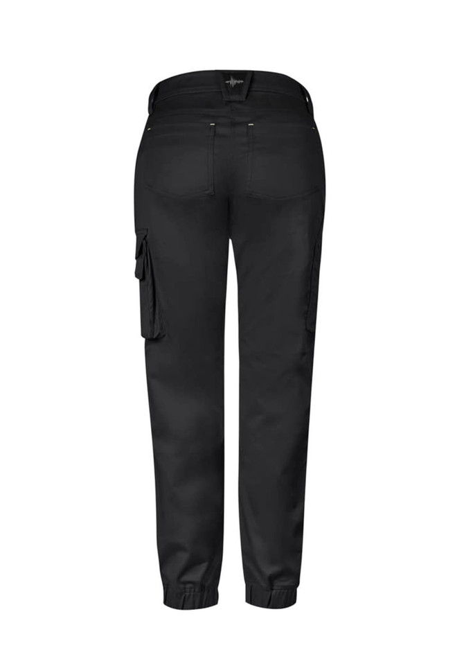 A pair of black women's work pants with a cargo style and elastic cuffs, featuring a logo on the back.