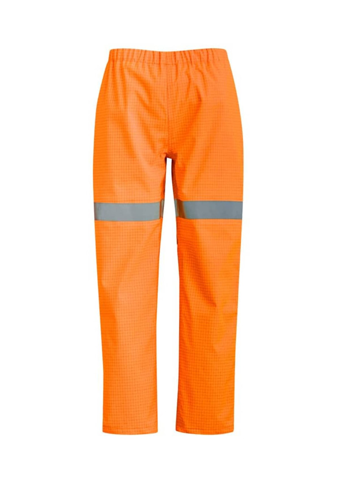 Orange waterproof pants with reflective strips and an elastic waistband, designed for workwear applications.