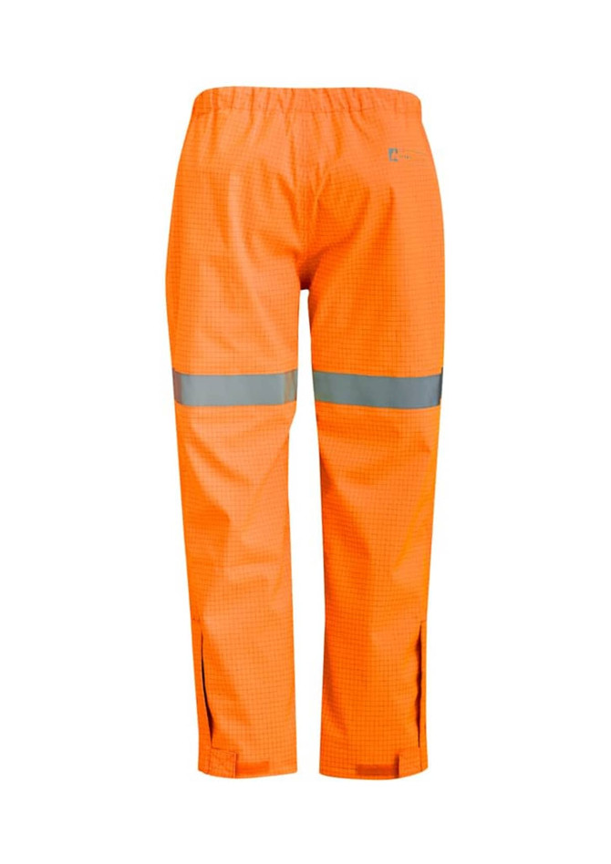 Bright orange waterproof pants with reflective stripes, featuring an elastic waistband and zippered lower legs.