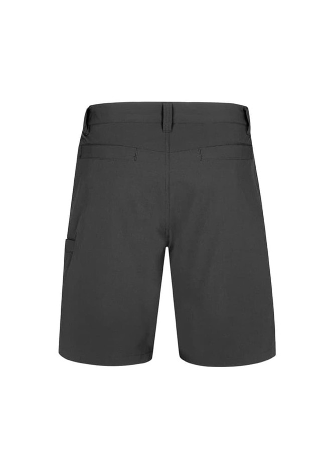 Men's lightweight outdoor shorts in dark grey with a back view, featuring a pocket and a logo.