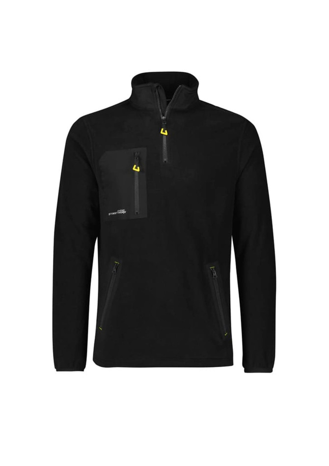 A black unisex polar fleece pullover with a quarter zip and multiple zippered pockets. It features a logo.