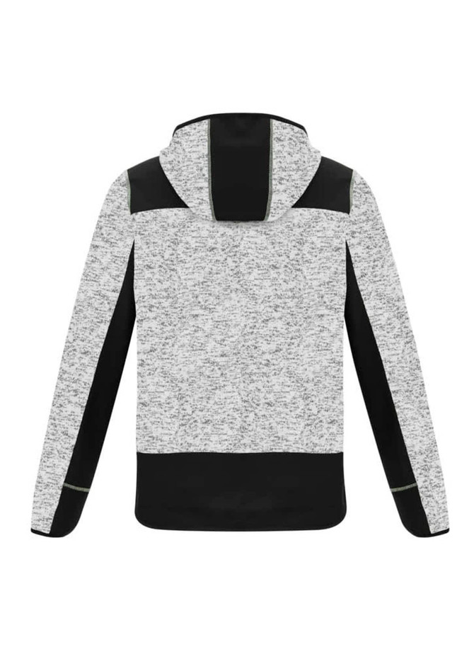 A unisex hoodie featuring a grey flecked design with black accents and a hood. It has a branding logo.