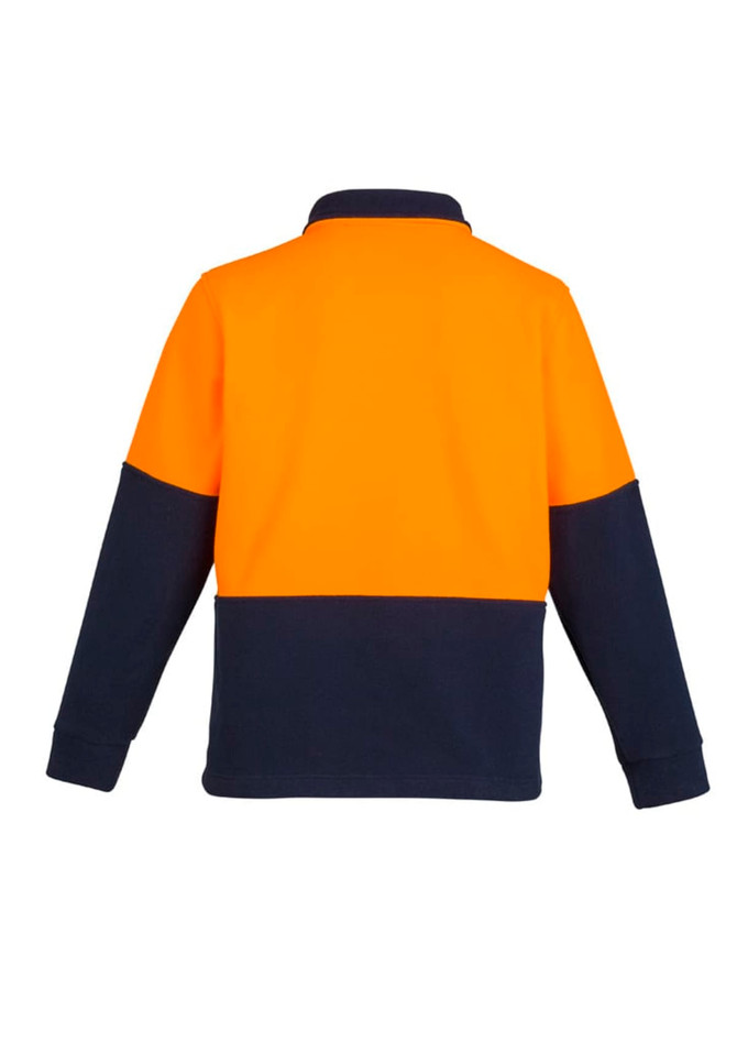 Unisex hi-vis 1/2 zip polar fleece pullover in orange and navy, featuring a collar and long sleeves.