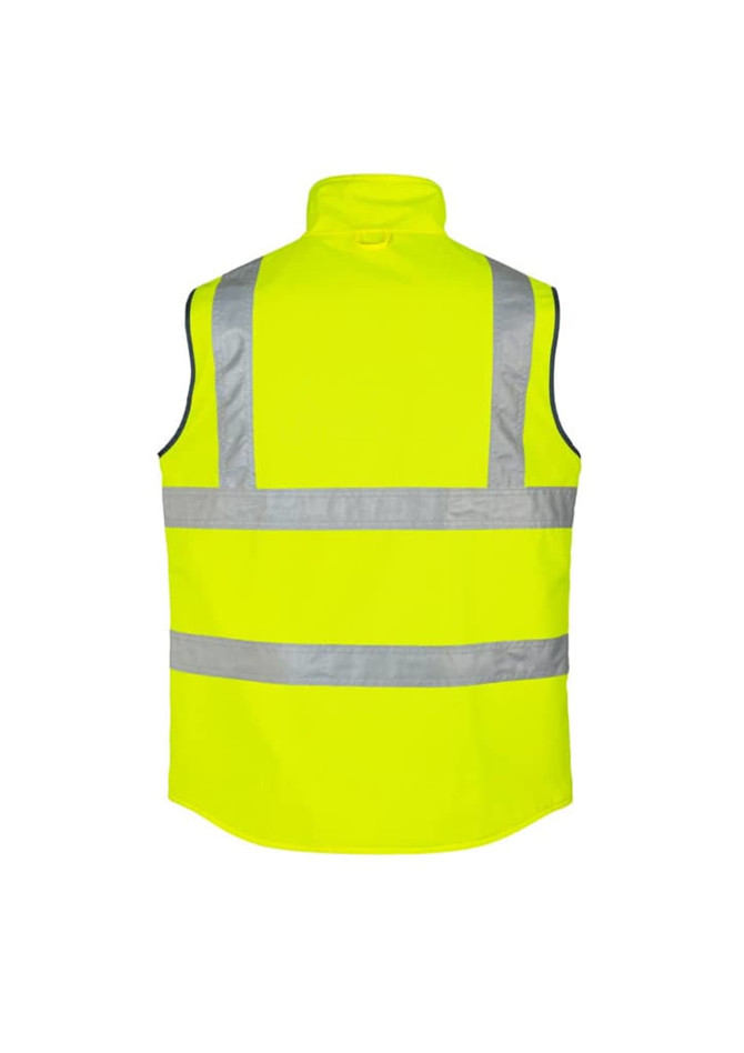 A bright yellow lightweight waterproof vest featuring reflective strips and a high collar. It has a logo on one side.