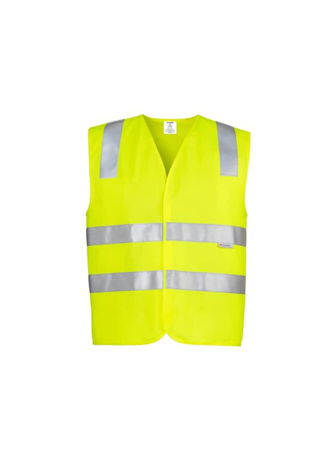 A unisex hi-vis vest in bright yellow with reflective silver stripes, featuring a simple design and no sleeves.
