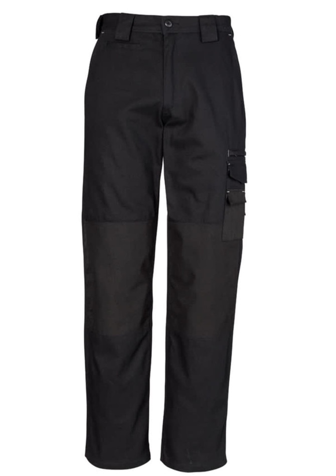 A pair of black work pants featuring multiple pockets and a sturdy design, with a subtle logo on the waistband.