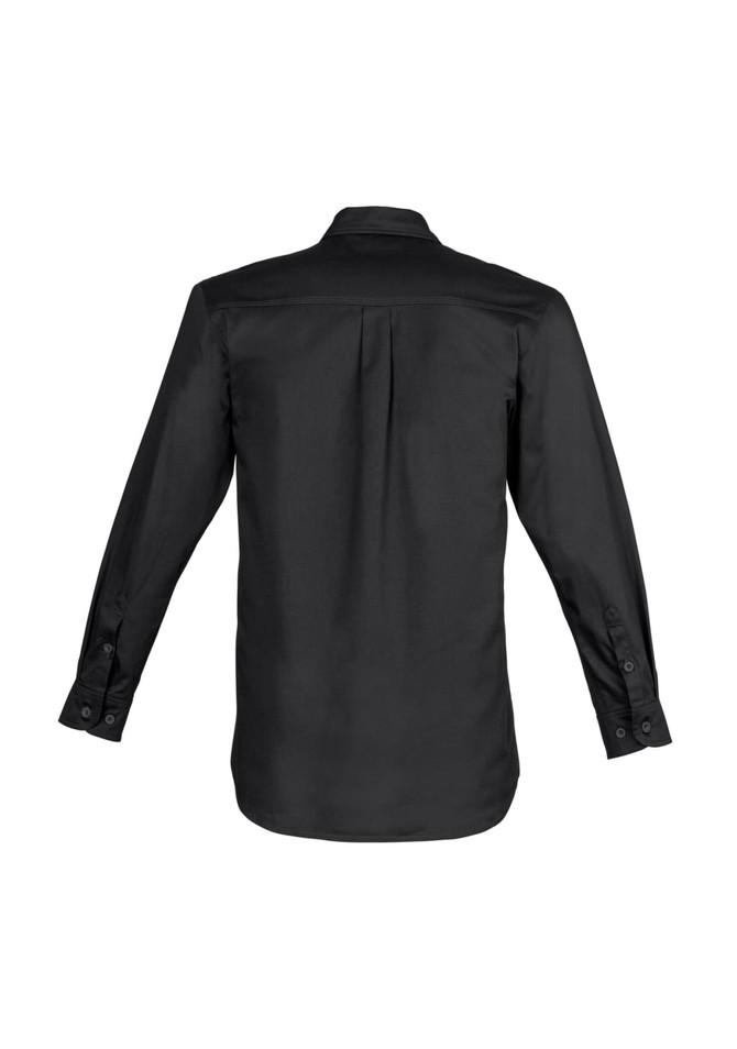 A black long sleeve shirt with a button-down collar and an upright back pleat. It features buttons on the cuffs and has a logo.