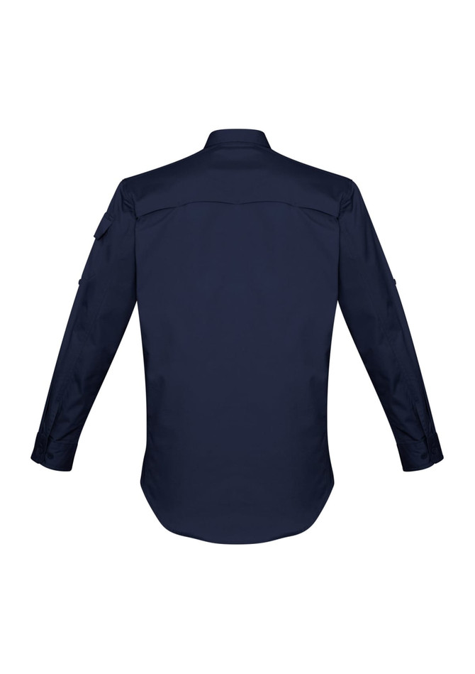 A navy blue long sleeve shirt with a button-up design and branding details on the sleeve.