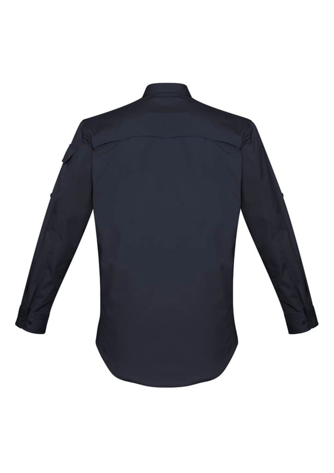 A navy long sleeve shirt with a button-up design and a logo. Features a back view showcasing its structure.