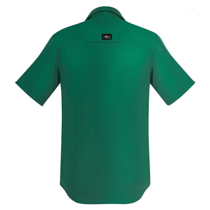 A men's outdoor short sleeve shirt in a vibrant green colour with a branded label on the back.