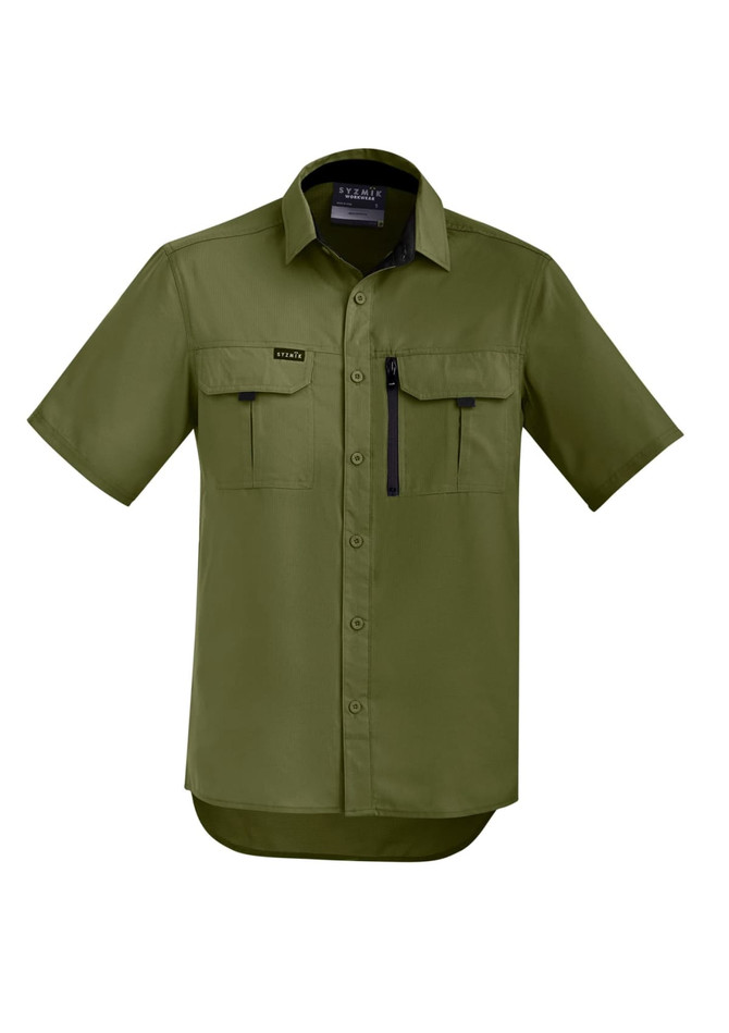 A short-sleeve button-up shirt in olive green with two front pockets and a chest pocket. It features a logo.