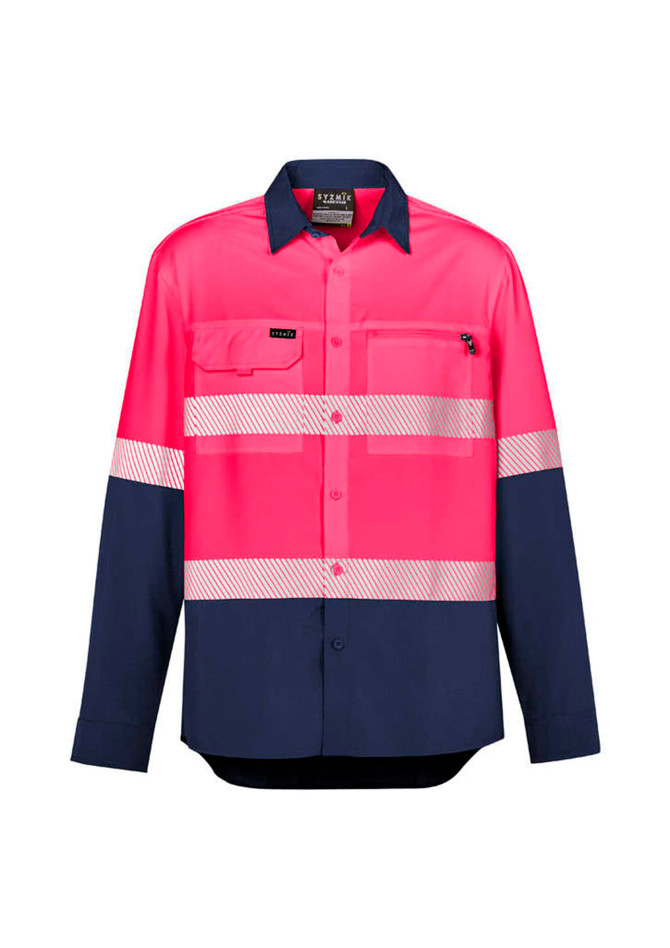 A long sleeve segmented tape shirt in high visibility pink and navy, featuring reflective stripes and a pocket.