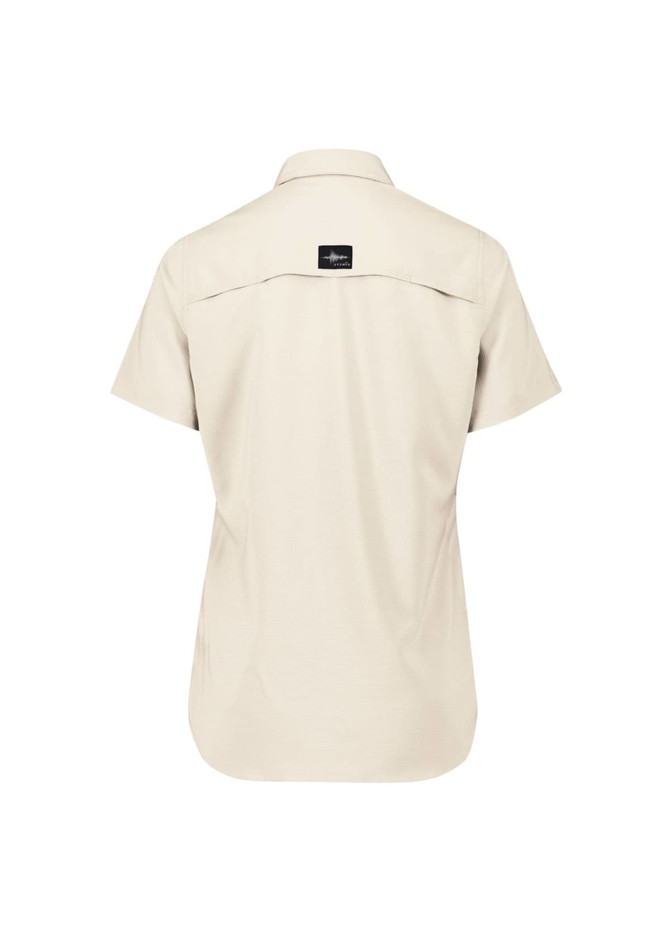 A short sleeve women's outdoor shirt in beige with a logo on the back.