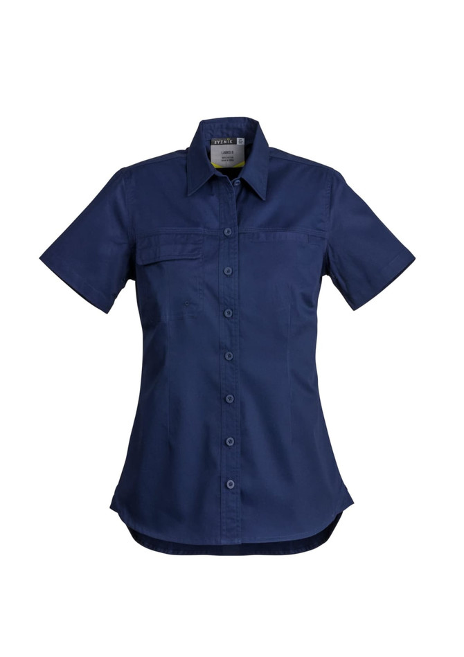 A navy short sleeve shirt for women, featuring a button-up front and a chest pocket. Includes branding on the label.