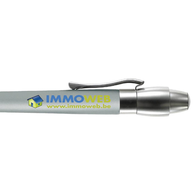 A metal pen in grey with a chrome clip and a logo printed in blue and green.