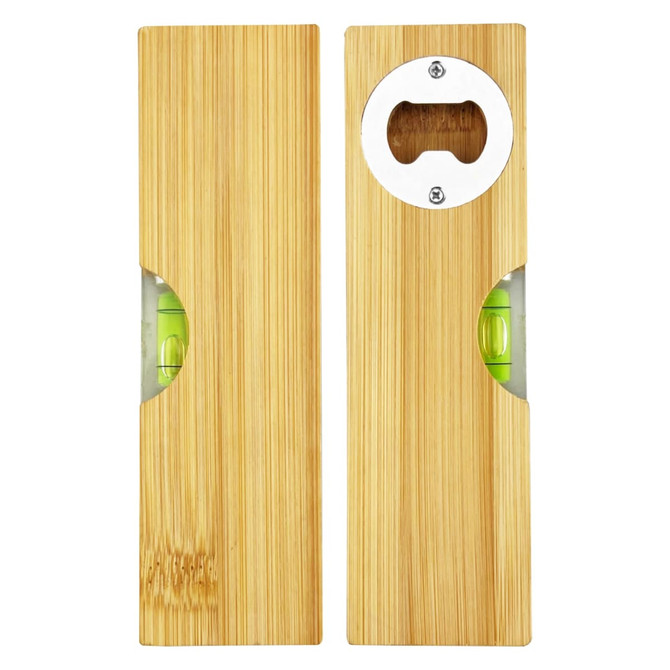 A drink bottle opener made of bamboo featuring a metal opener and spirit levels on either side, with green accents.