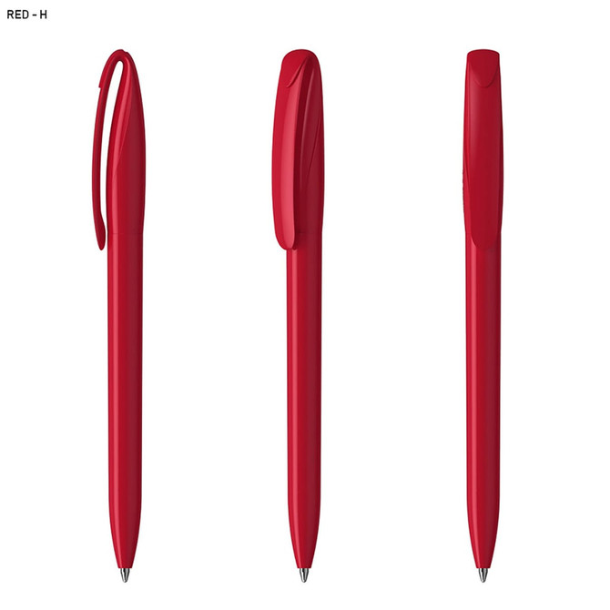 A set of three red plastic pens displayed from different angles, featuring a clip and rounded tips.