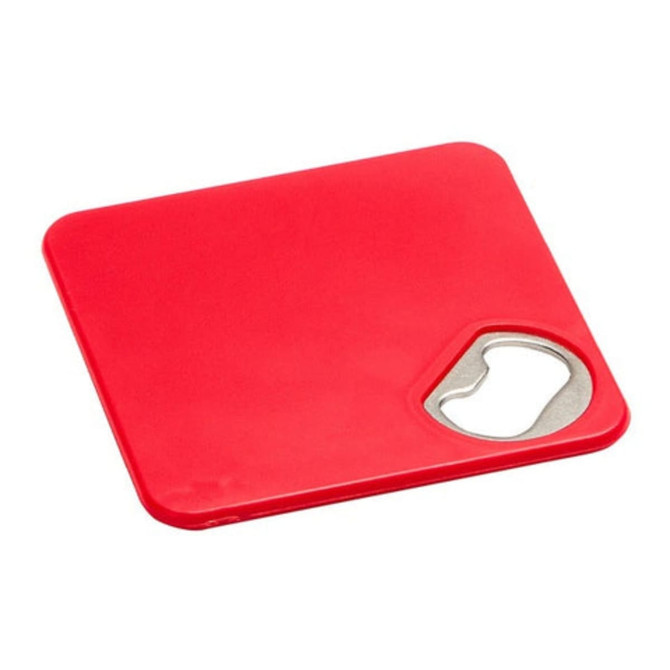 A red square coaster with a built-in bottle opener in one corner. It features a logo.