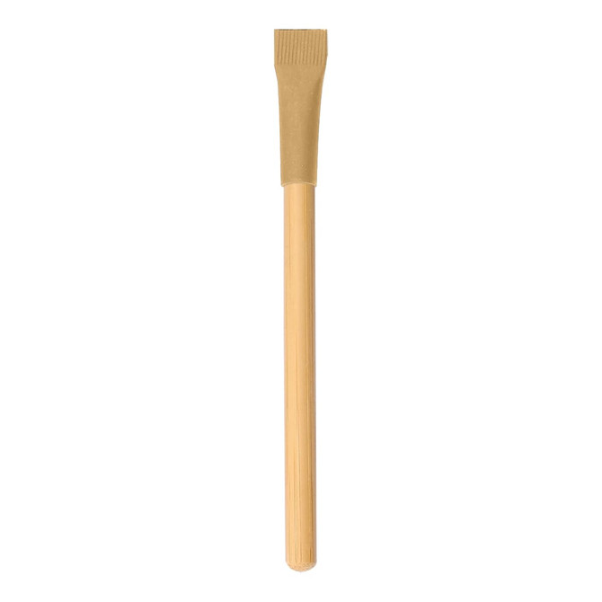 A bamboo pencil with a light brown finish, featuring a textured end and a smooth wooden shaft.
