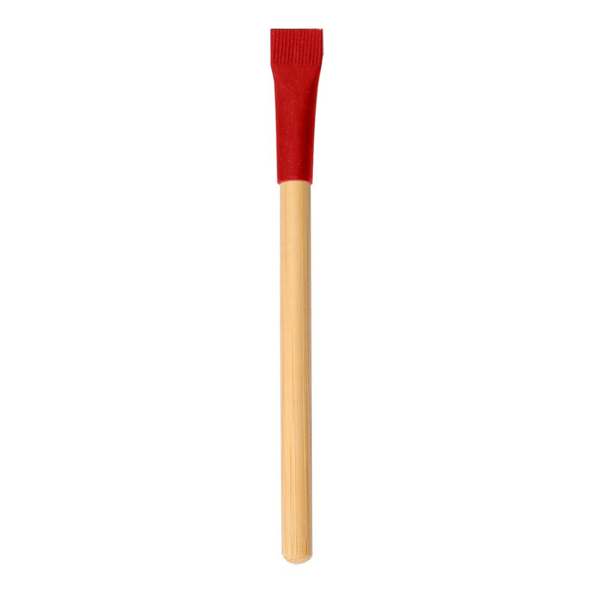 A bamboo pencil with a red eraser tip, featuring a smooth wooden shaft and a tapered end.