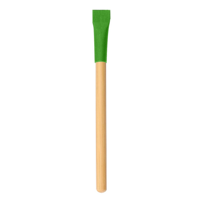 A bamboo pencil with a green rubber grip at one end, designed for writing.