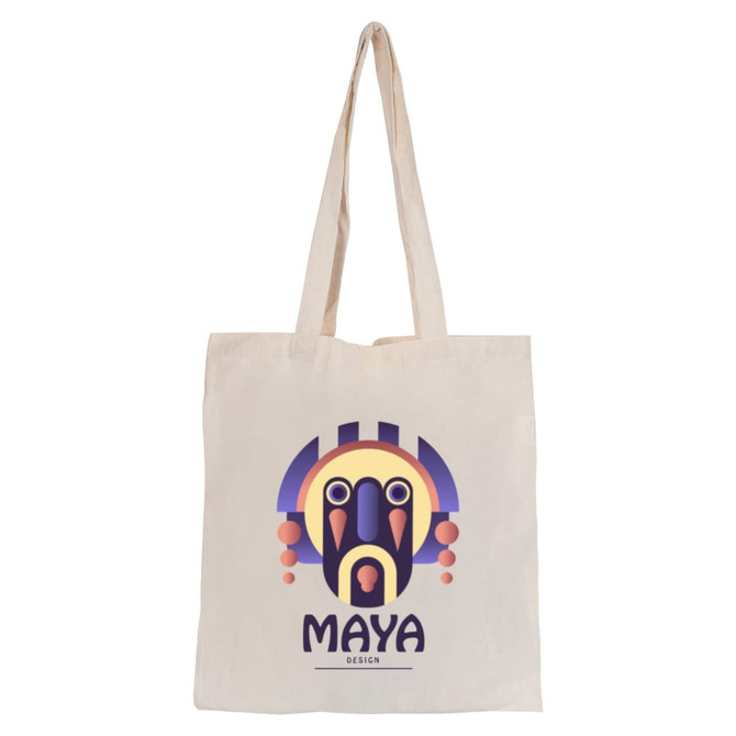 A cream tote bag featuring a graphic design with bold colours and a logo.