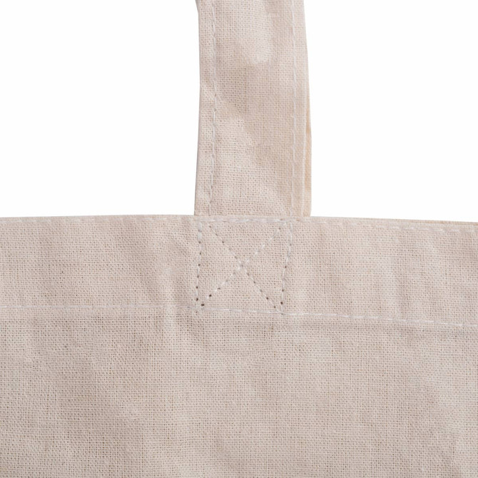 A cream-coloured tote bag with sturdy handles and visible stitching details. It features a branding logo.