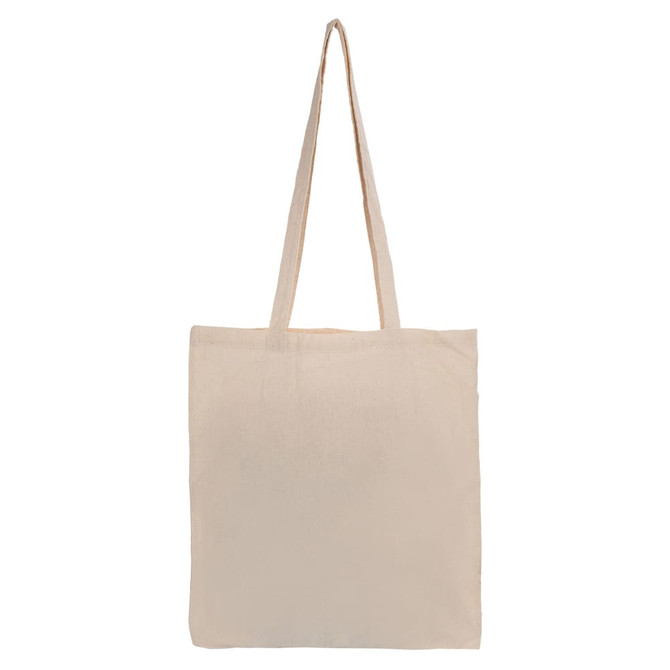 A beige tote bag with long handles and an unbranded design.
