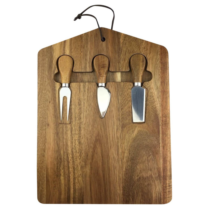 A wooden cheeseboard in a house shape with three metal cheese knives and a hanging string.