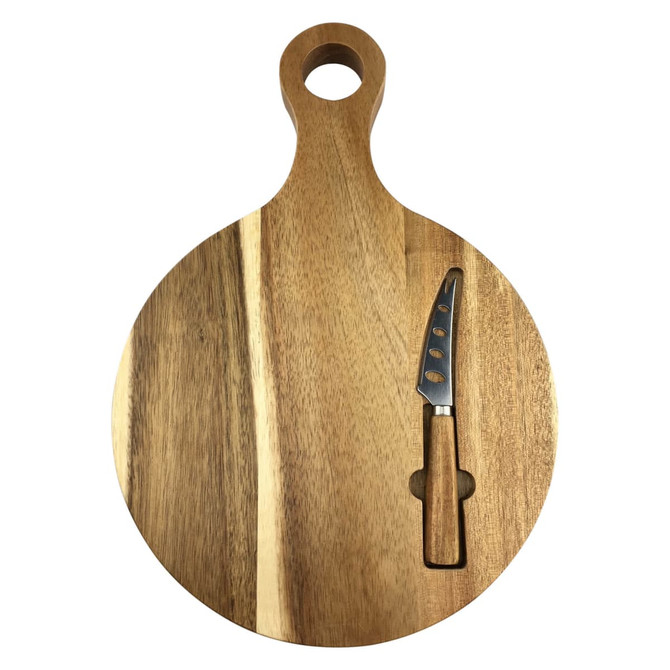 A wooden cheeseboard with a knife featuring a handle, both in warm tones, and a round design.