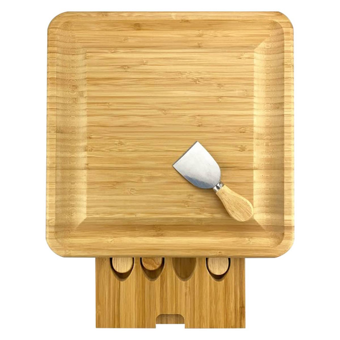 A bamboo cheeseboard with a wooden handled knife and a holder for additional utensils. It has a natural finish.