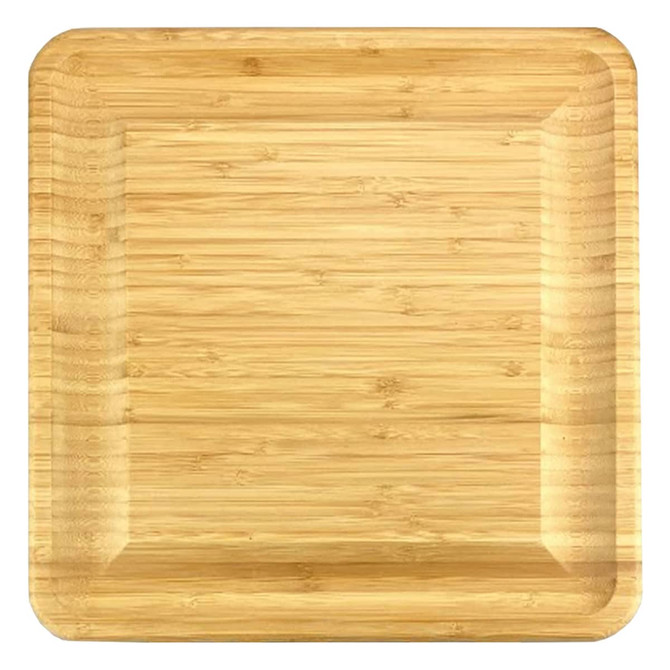 A square bamboo cheeseboard with a smooth surface and rounded edges. Features a simple design and natural finish.