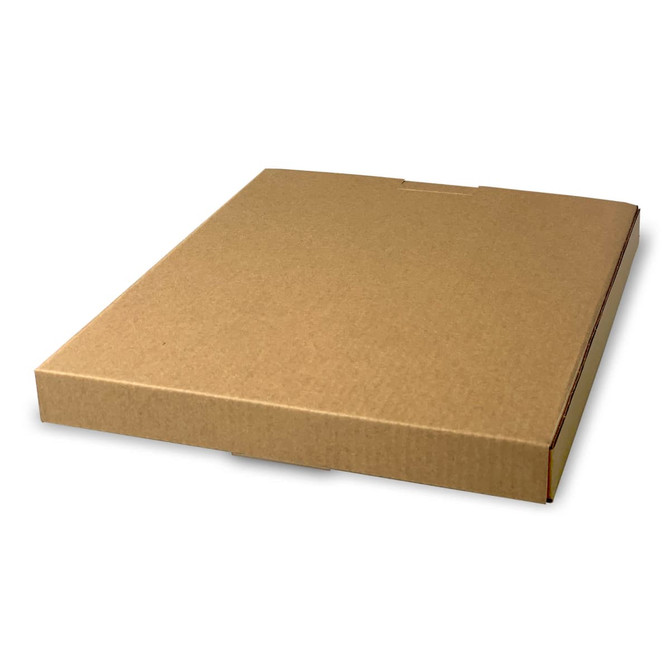 A plain brown cardboard box with a flat design and a small opening on one side.