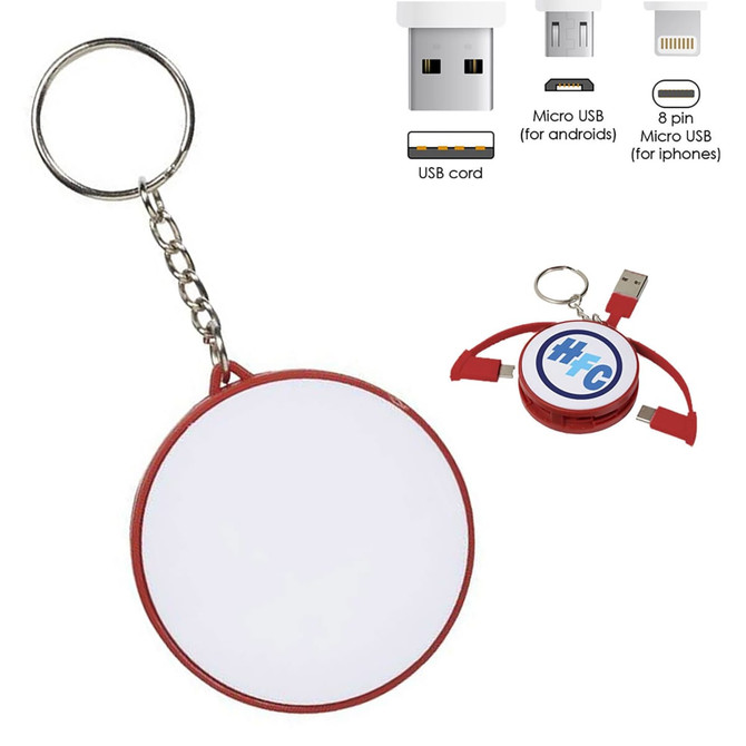 A red charging cable key ring with multiple USB connectors and a keychain attachment. Features a circular design and branding.