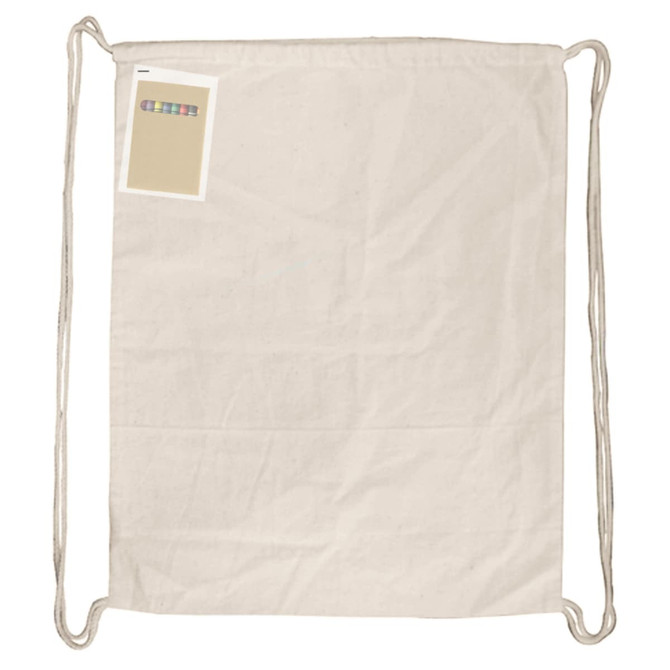 A natural-coloured drawstring bag with a simple design and an attached card showcasing colour swatches.