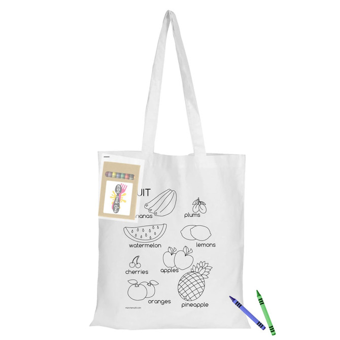 A white calico tote bag with outlined fruit illustrations, accompanied by a pack of colouring crayons.