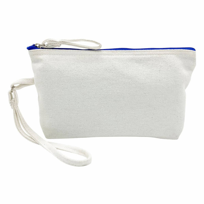A white cosmetic bag with a blue zipper and a wrist strap, featuring a logo.