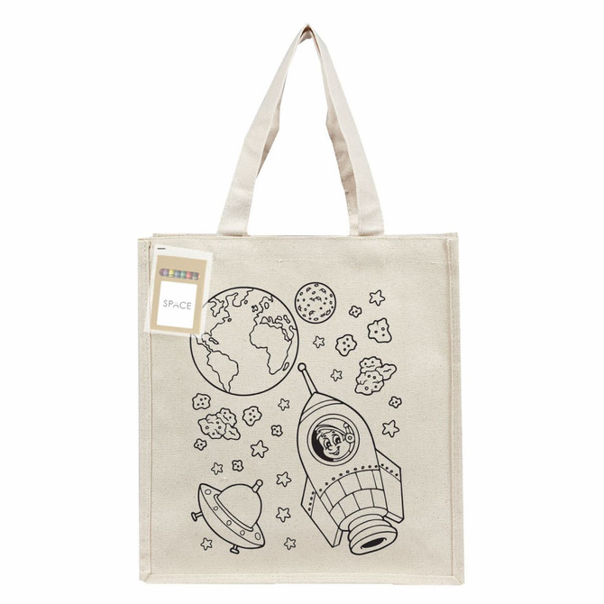 A canvas tote bag in natural colour featuring a space-themed colouring design with a rocket, planet, and stars.
