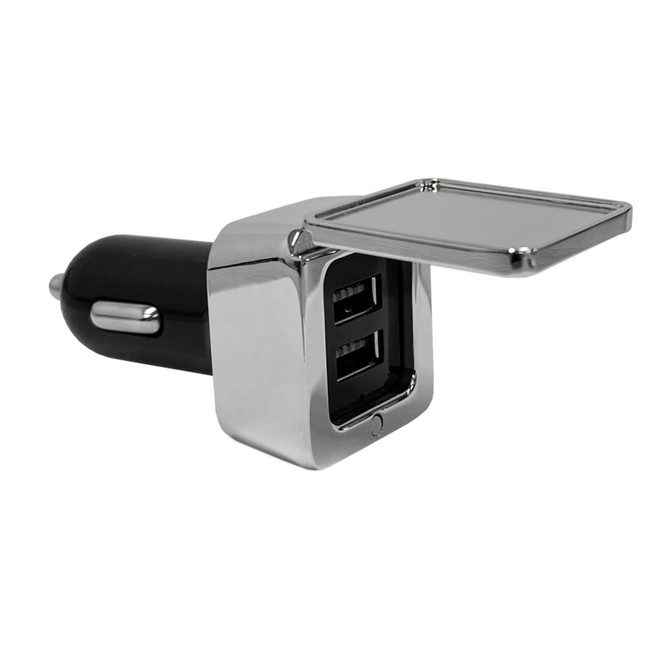 A dual square metal car charger in black and chrome, featuring two USB ports and a protective flap.