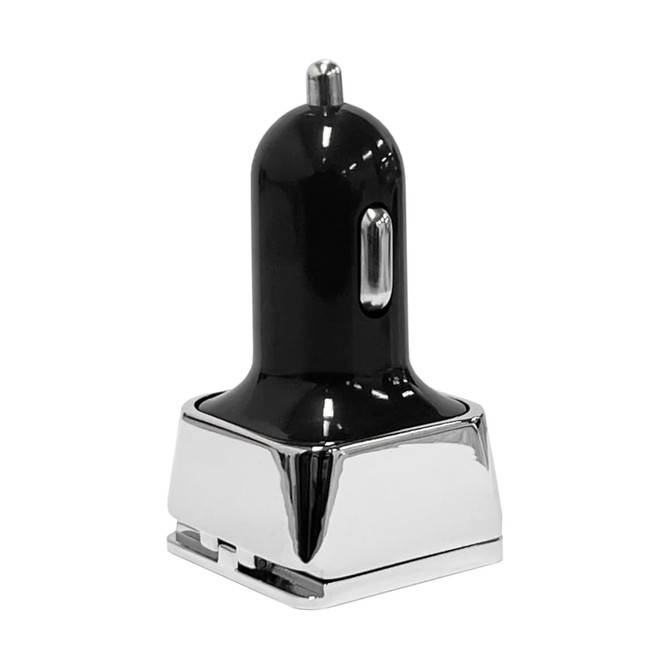 A dual square metal car charger in black and silver with a shiny finish and a compact design. It features a logo.
