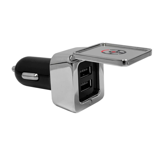 A chrome and black dual square metal car charger with a flip cover and USB ports. It features a logo on the top.