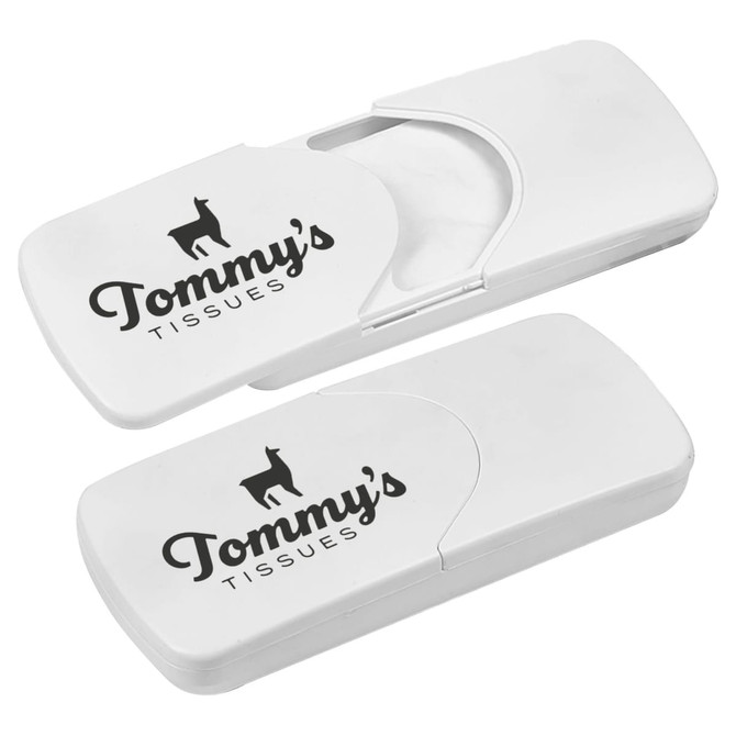 A white car sun visor tissue box with a logo, designed to hold tissues securely in place.