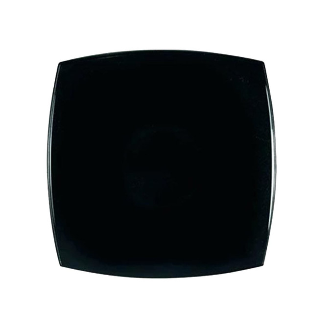 A compact mirror in a sleek black square design, featuring a smooth surface and a logo.