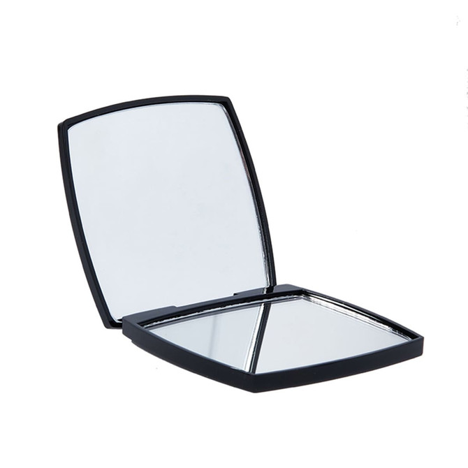 A compact mirror in a black case, featuring two reflective surfaces inside. Suitable for personal grooming.