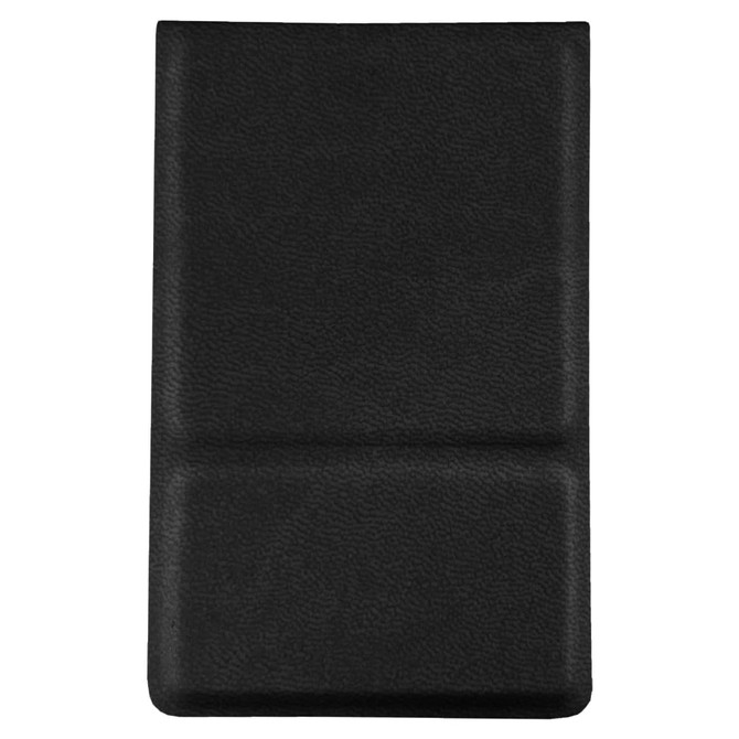 A compact mirror in a sleek black case featuring a textured surface and a branding logo.