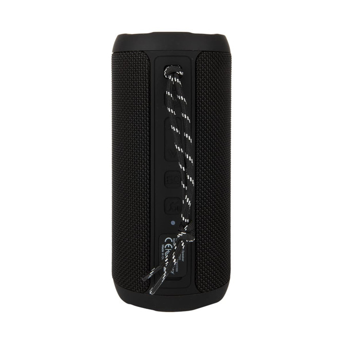 A black Bluetooth speaker with a textured surface and a hanging strap, featuring buttons and a logo.