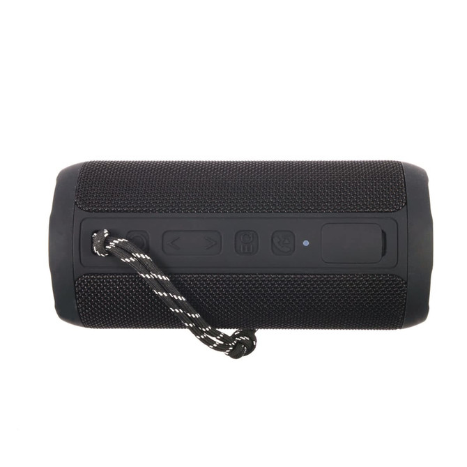 A black Bluetooth speaker with a textured surface and buttons, featuring a looped strap for easy carrying.