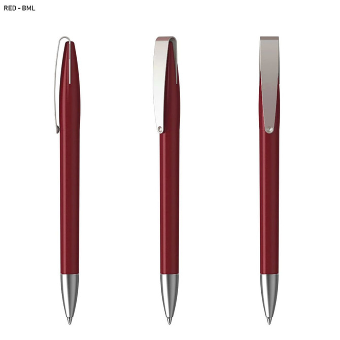 A red plastic pen with a silver clip and metallic accents, displayed from three angles.
