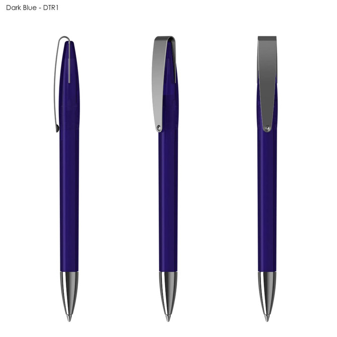 A dark blue plastic pen with a shiny silver clip, displayed from three angles. It has a sleek, streamlined design.